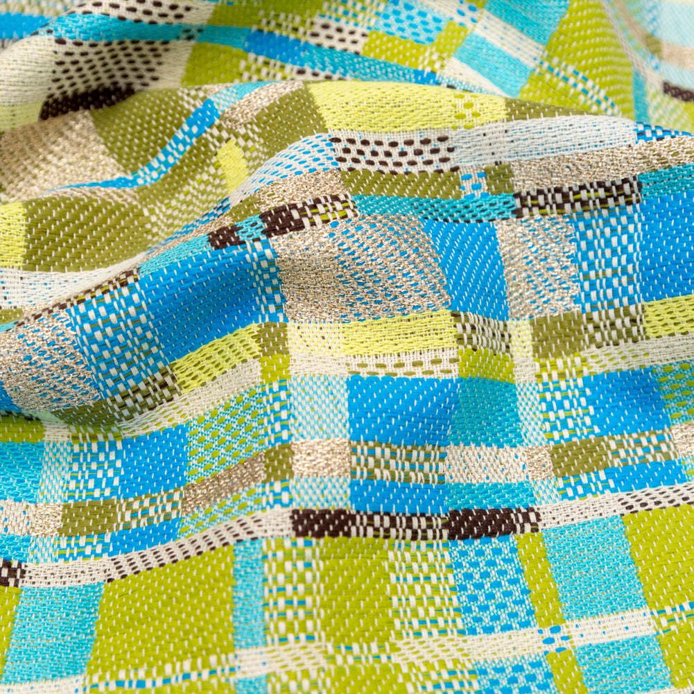 Blue, Green and Metallic Silver Color-Blocked Tweed Detail