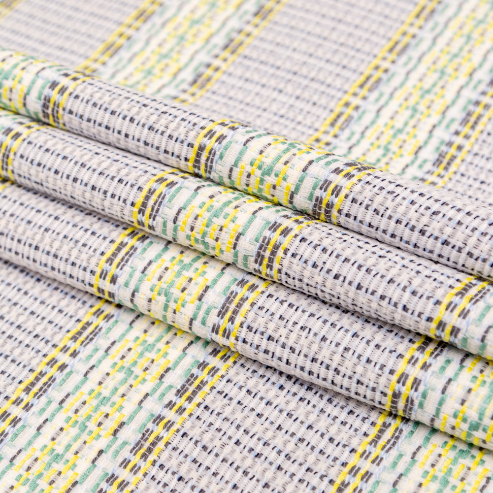 Blue, Jade and Yellow Awning Striped Cotton Tweed Folded