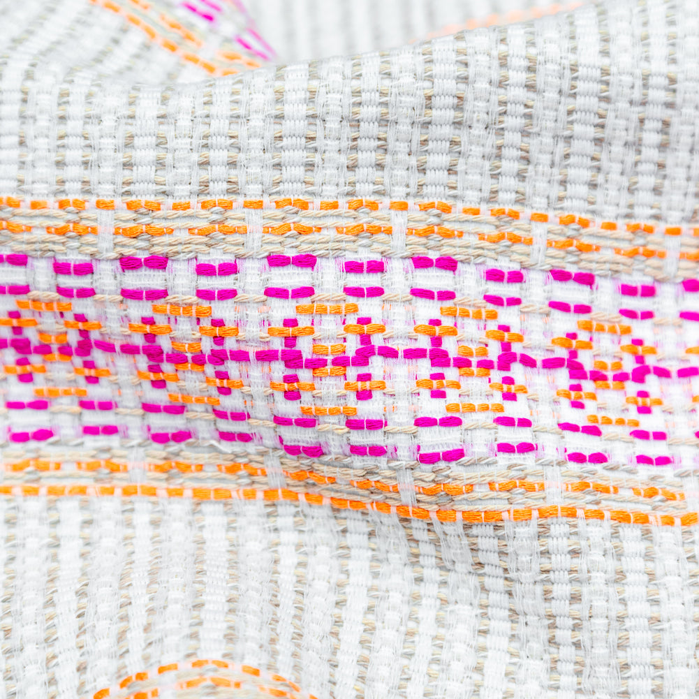 Magenta, Orange and Beige Awning Striped Cotton Tweed Detail
