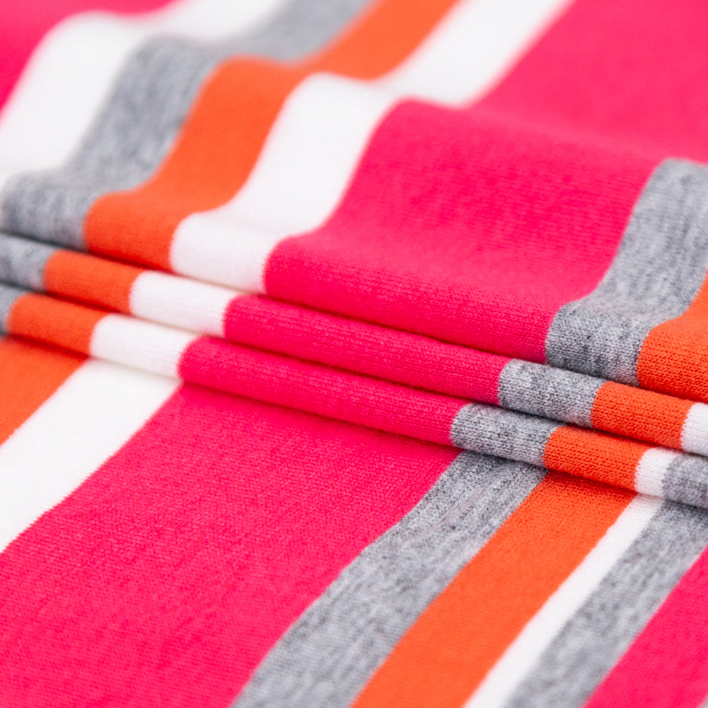 Coral, Navy and Optic White Barcode Striped Rayon Jersey Folded