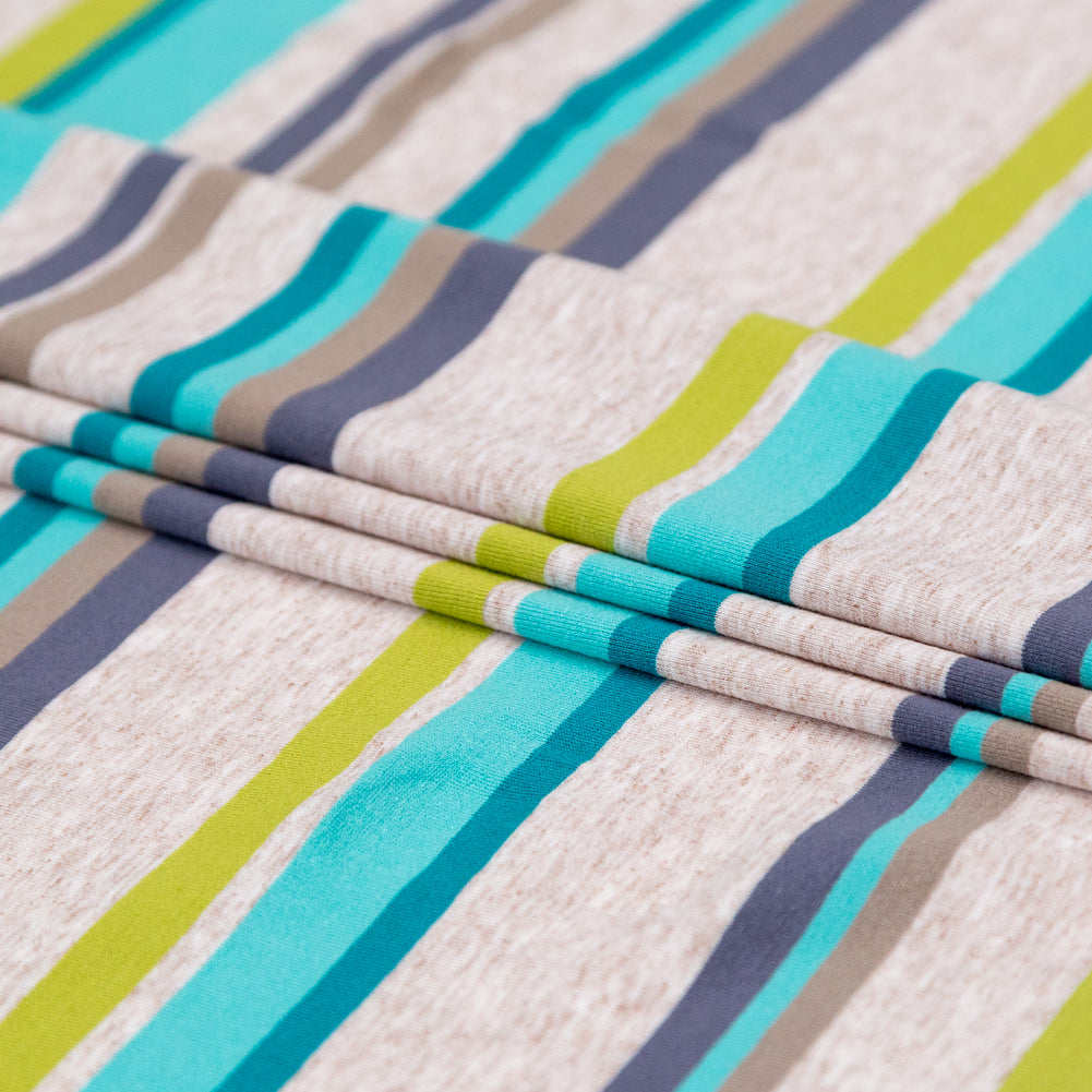 Turquoise, Lime and Taupe Barcode Striped Rayon Jersey Folded
