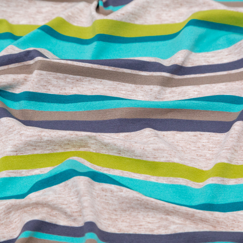 Turquoise, Lime and Taupe Barcode Striped Rayon Jersey Detail