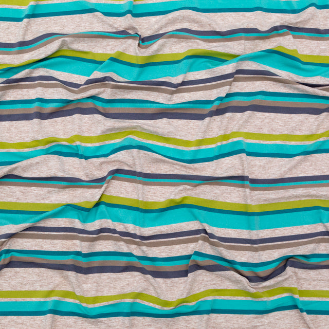 Turquoise, Lime and Taupe Barcode Striped Rayon Jersey