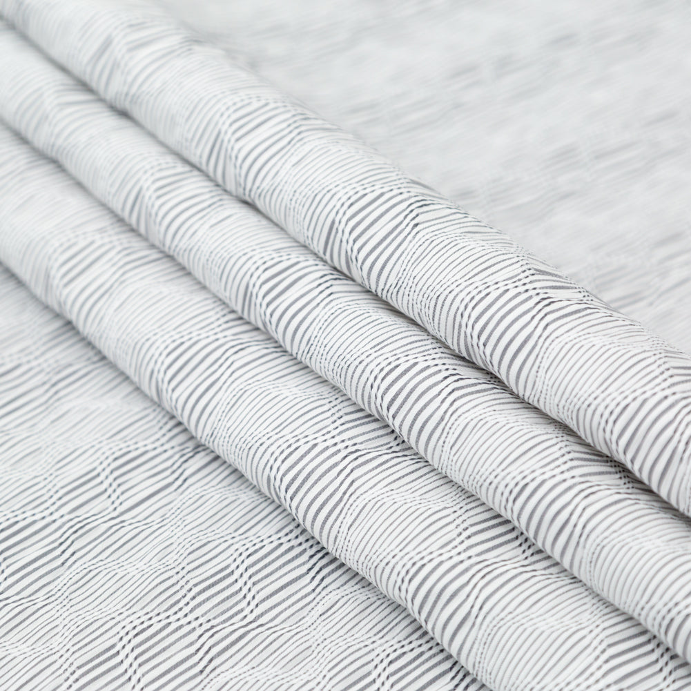 Italian Gray and White Wavy Striped Stretch Novelty Shirting Folded