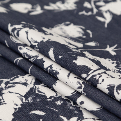 Italian Denim and Vaporous Gray Floral Stretch Cotton Twill Folded