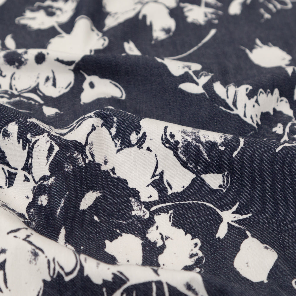 Italian Denim and Vaporous Gray Floral Stretch Cotton Twill Detail