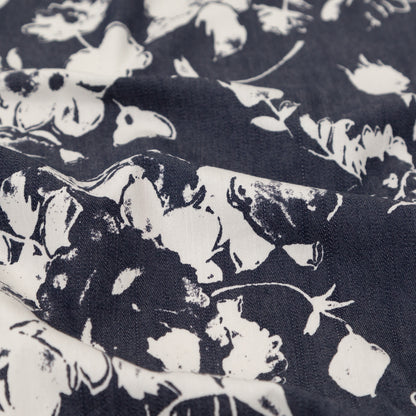 Italian Denim and Vaporous Gray Floral Stretch Cotton Twill Detail