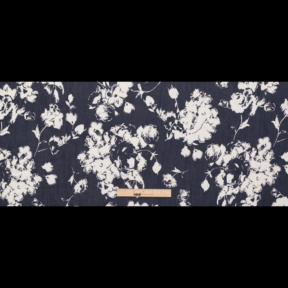 Italian Denim and Vaporous Gray Floral Stretch Cotton Twill Full
