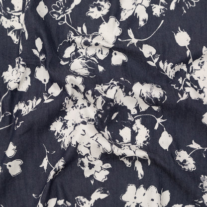 Italian Denim and Vaporous Gray Floral Stretch Cotton Twill
