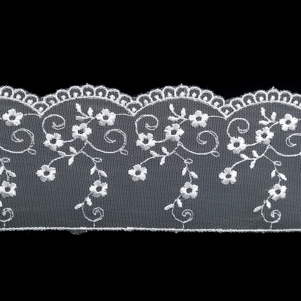 European White Floral Embroidered Lace Trim - 3.5" Detail