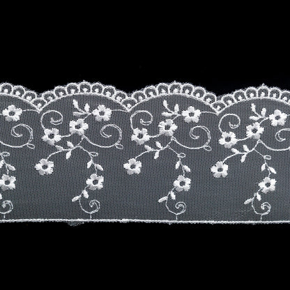 European White Floral Embroidered Lace Trim - 3.5" Detail