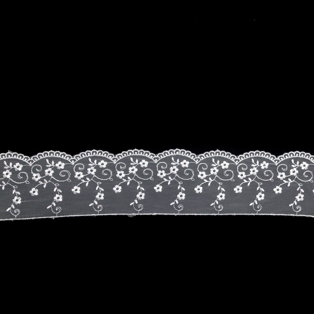 European White Floral Embroidered Lace Trim - 3.5"
