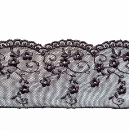 European Black Floral Embroidered Lace Trim - 3.5" Detail