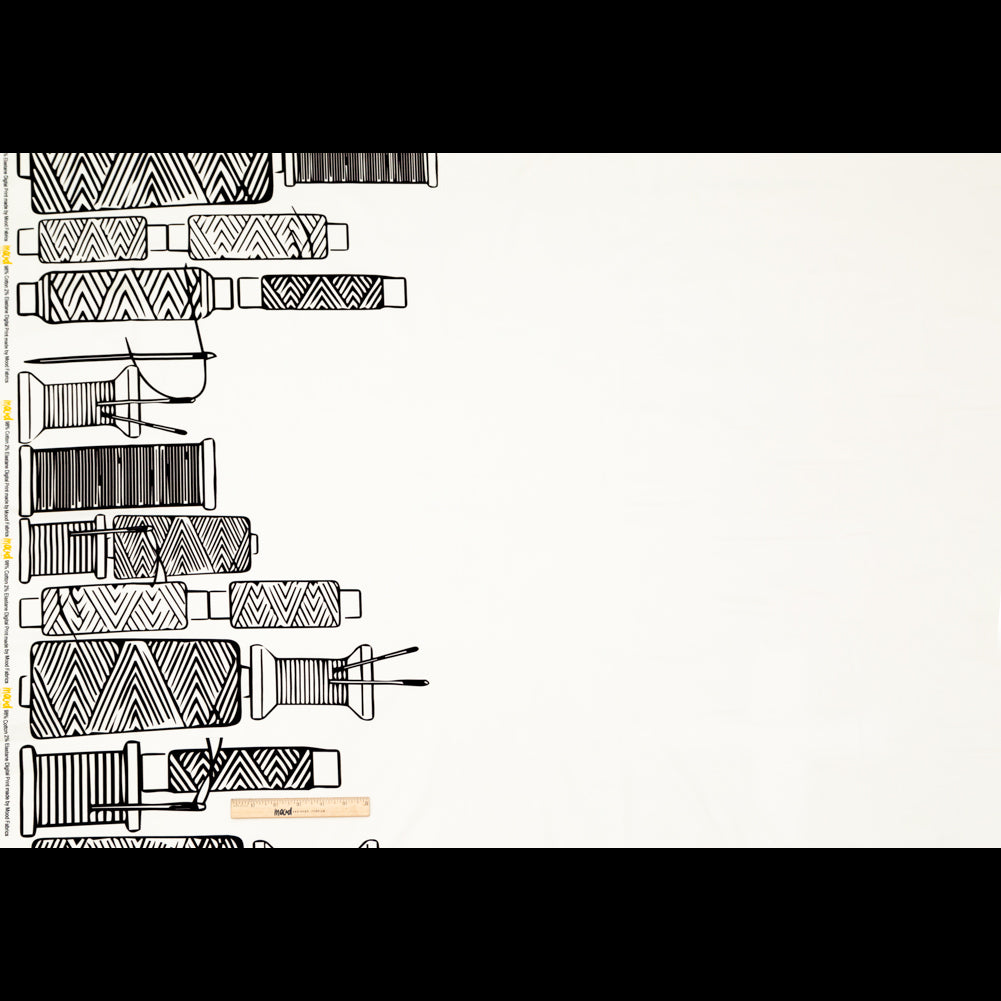 Stretch Carbon Brush Twill - White and Black Thread Spools Border - Thread Tower Print - Mood Exclusive Haberdashery Collection Folded