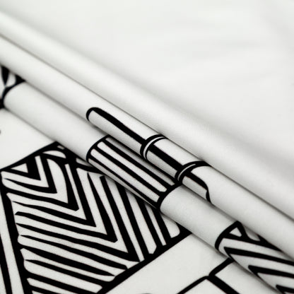 Stretch Carbon Brush Twill - White and Black Thread Spools Border - Thread Tower Print - Mood Exclusive Haberdashery Collection Detail