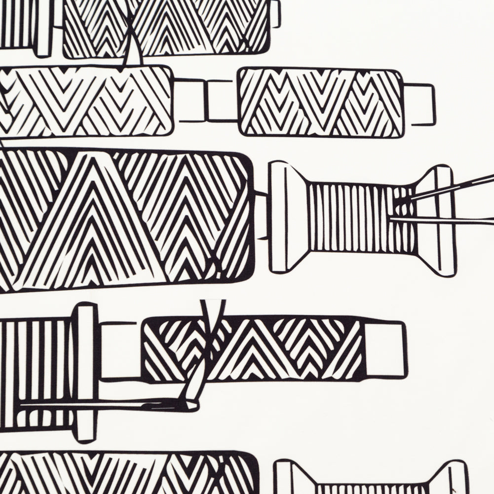 Stretch Carbon Brush Twill - White and Black Thread Spools Border - Thread Tower Print - Mood Exclusive Haberdashery Collection
