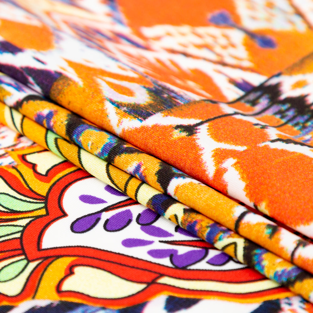 Orange Abstract Ikat and Floral Stretch Polyester Jersey Folded