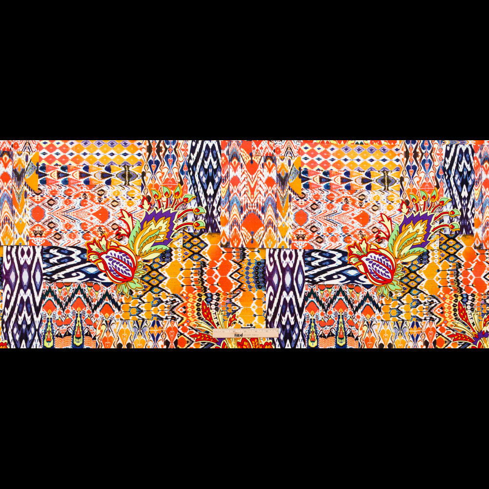 Orange Abstract Ikat and Floral Stretch Polyester Jersey Full