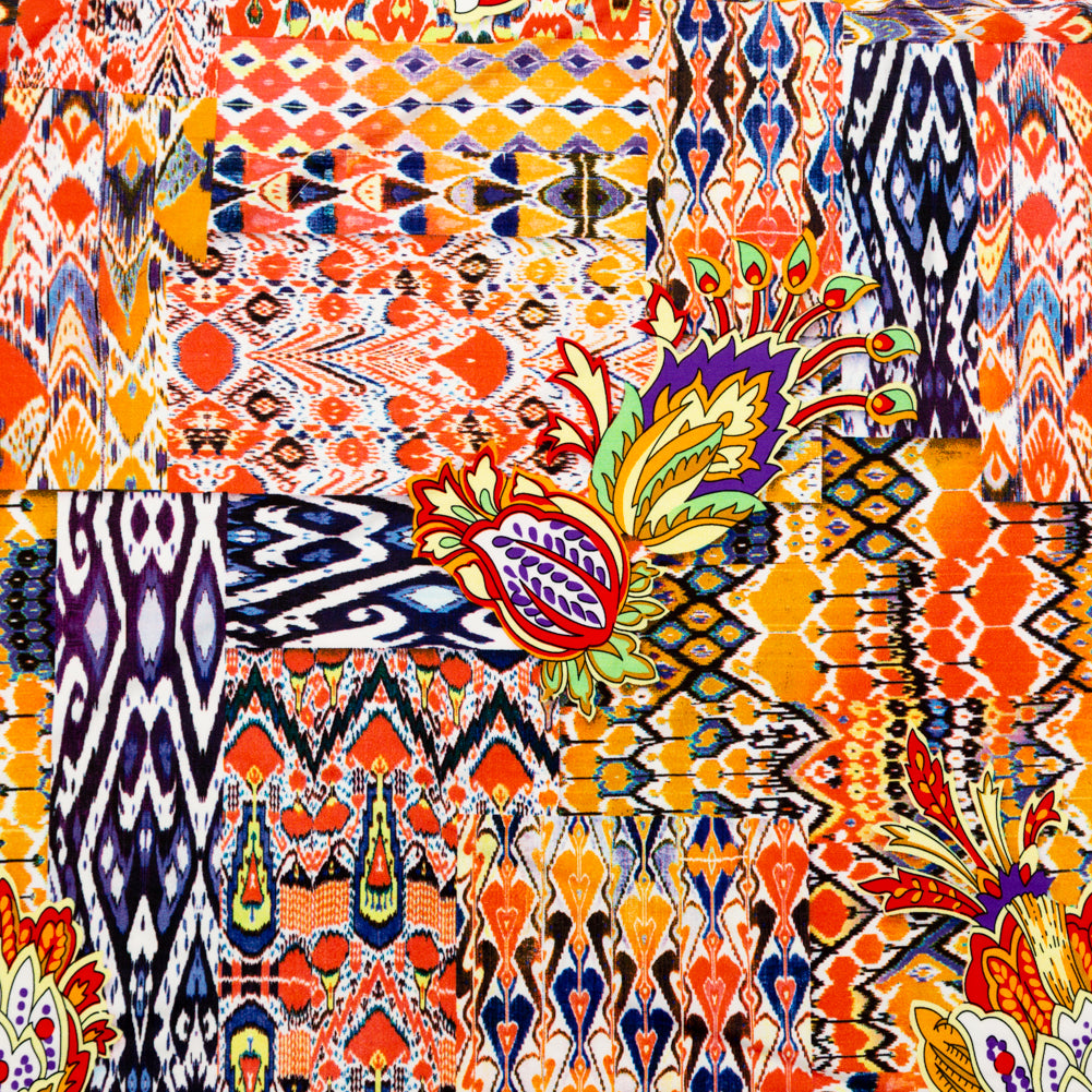 Orange Abstract Ikat and Floral Stretch Polyester Jersey