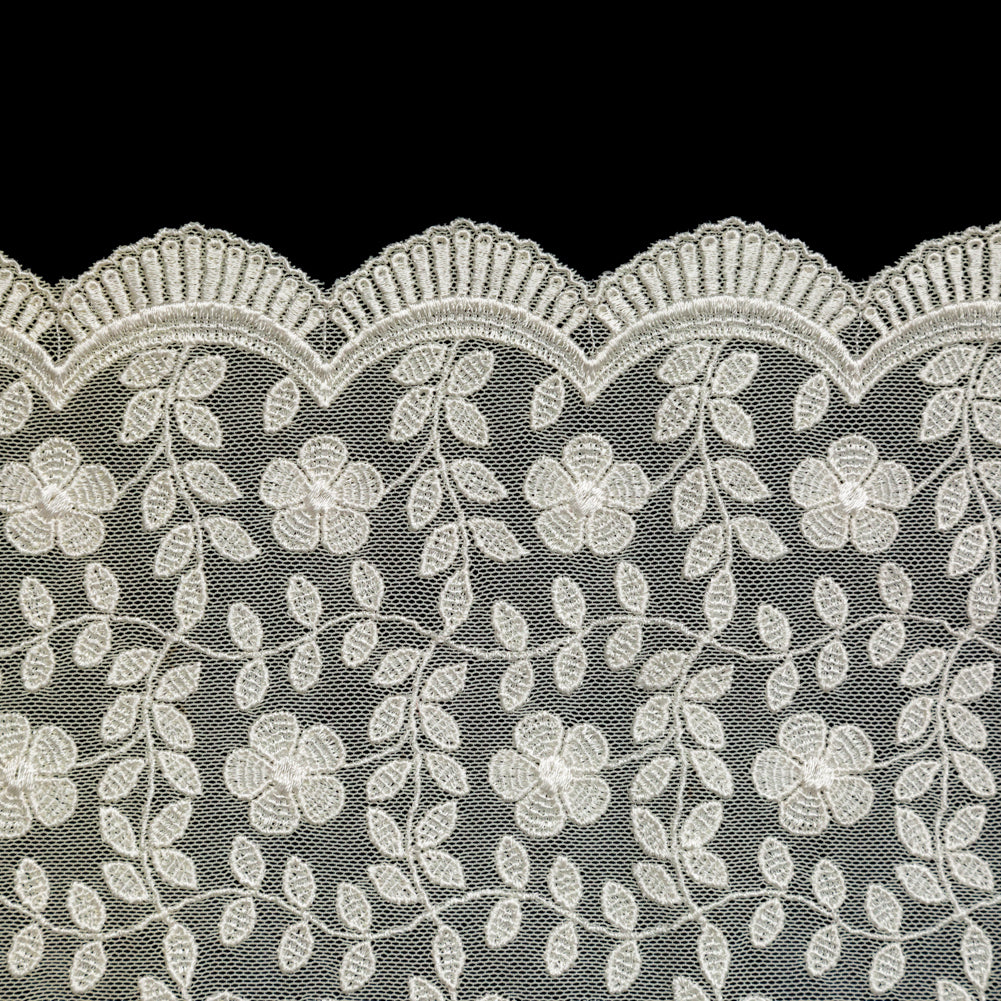 European Ivory Floral Embroidered Stretch Scalloped Lace Trim - 8" Detail