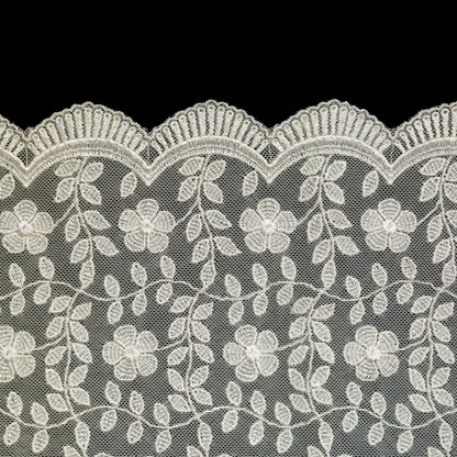 European Ivory Floral Embroidered Stretch Scalloped Lace Trim - 8" Detail
