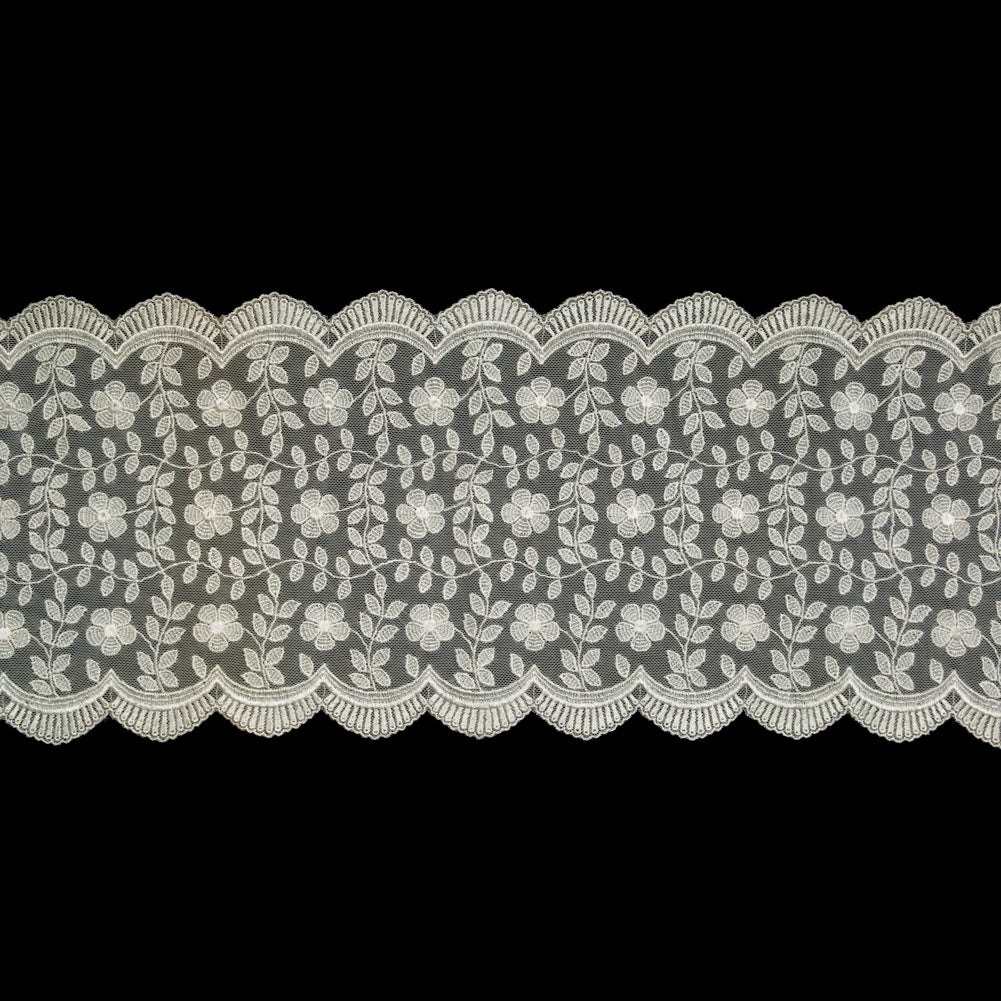 European Ivory Floral Embroidered Stretch Scalloped Lace Trim - 8"