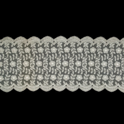 European Ivory Floral Embroidered Stretch Scalloped Lace Trim - 8"