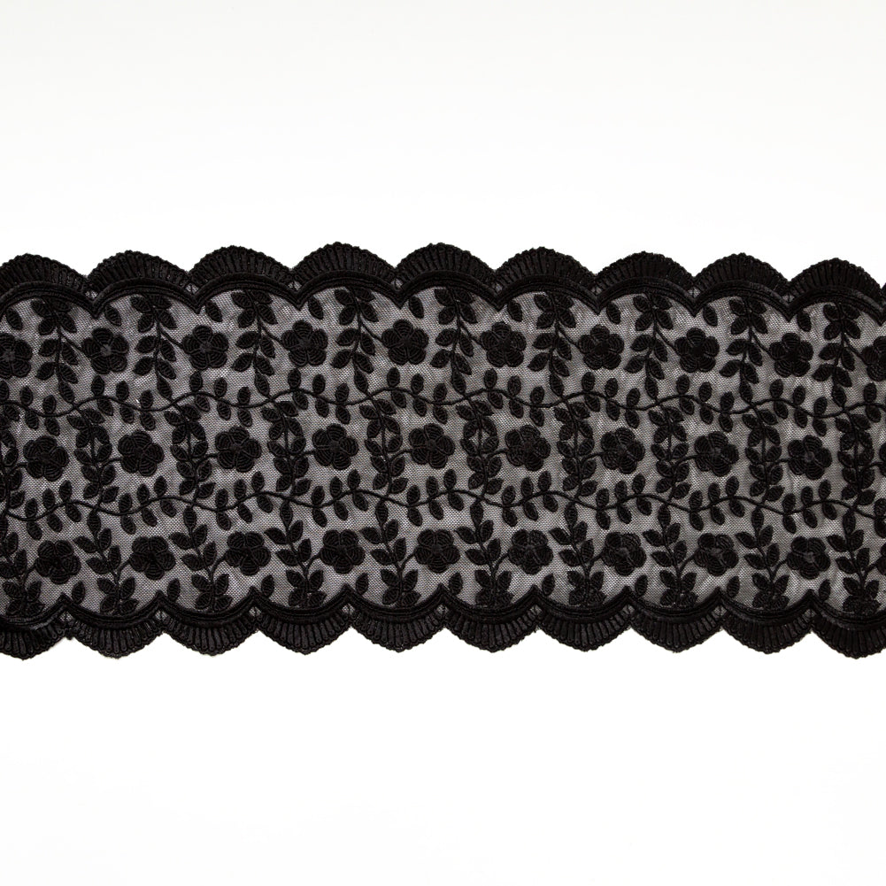 European Black Floral Embroidered Stretch Scalloped Lace Trim - 8"