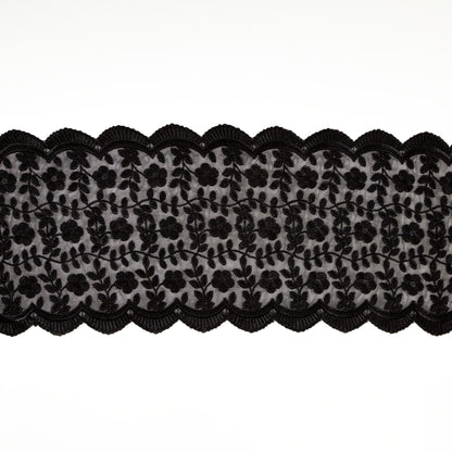 European Black Floral Embroidered Stretch Scalloped Lace Trim - 8"