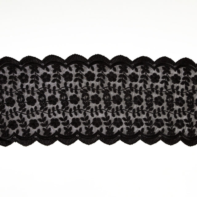 European Black Floral Embroidered Stretch Scalloped Lace Trim - 8"