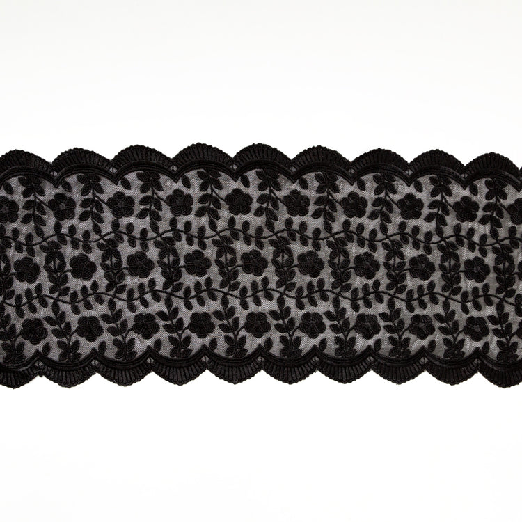 template--25130090922057__main-European Black Floral Embroidered Stretch Scalloped Lace Trim - 8"