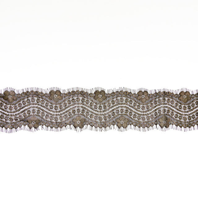 European Black and Metallic Gold Floral Scalloped Eyelash Lace Trim - 3.5"