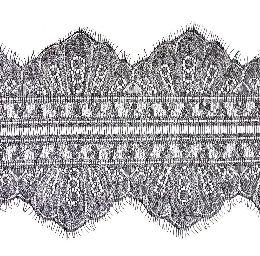 European Black and Metallic Silver Chantilly Eyelash Lace Trim - 7.25" Detail