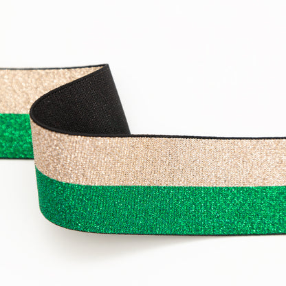 Italian Metallic Green and Gold Striped Elastic Ribbon - 1.625" Detail