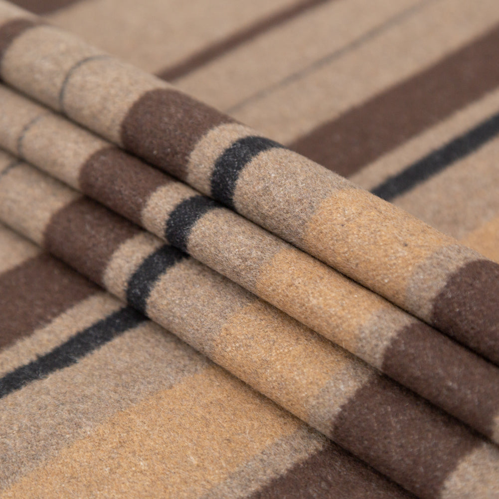 Italian Heathered Fossil, Black and Taupe Barcode Striped Wool Woven Folded