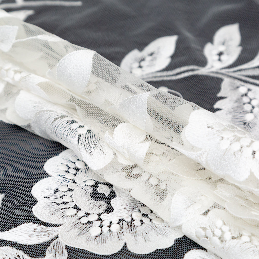 Embroidered Lace - White Floral on Ivory Folded
