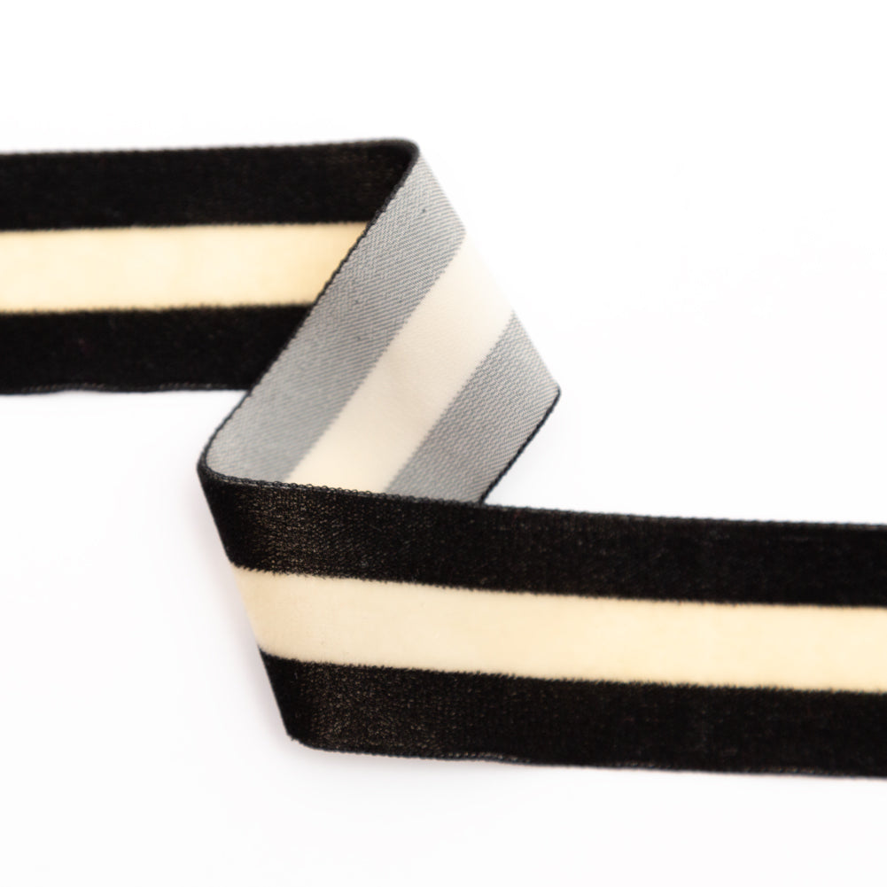 Italian Black and Sponge Striped Velvet Ribbon - 1.5" Detail