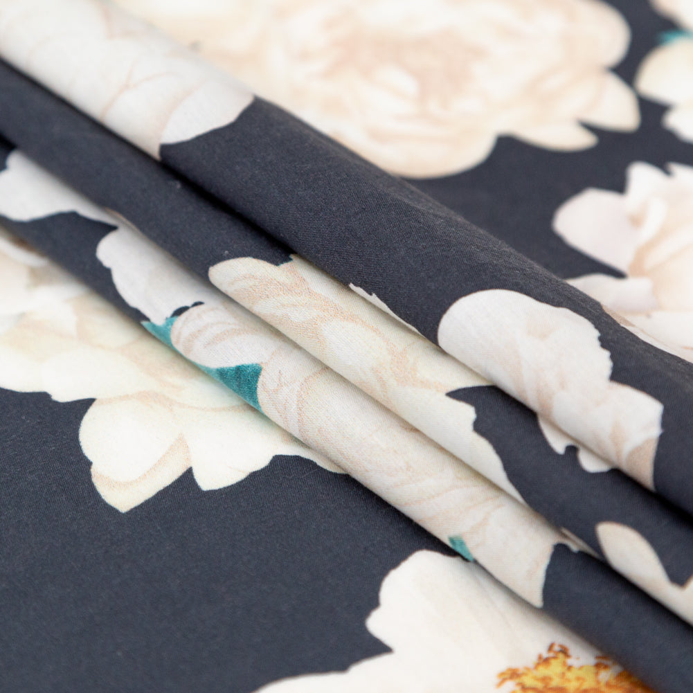 Black, Off-White, Orange and Nile Blue Floral Cotton Voile Folded