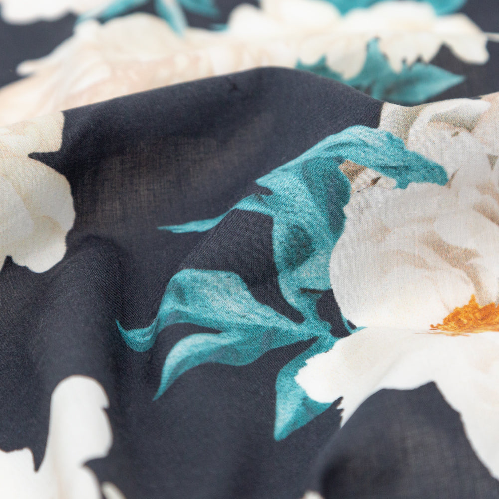 Black, Off-White, Orange and Nile Blue Floral Cotton Voile Detail