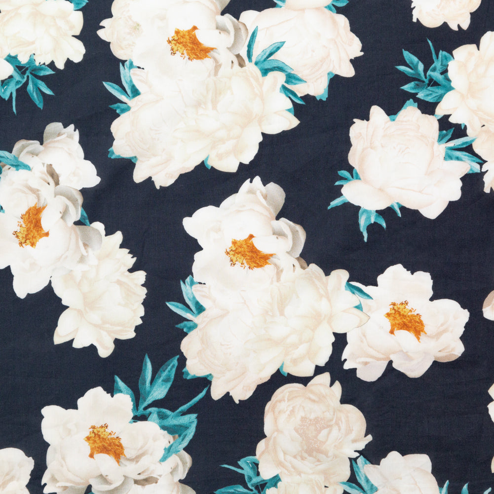 Black, Off-White, Orange and Nile Blue Floral Cotton Voile