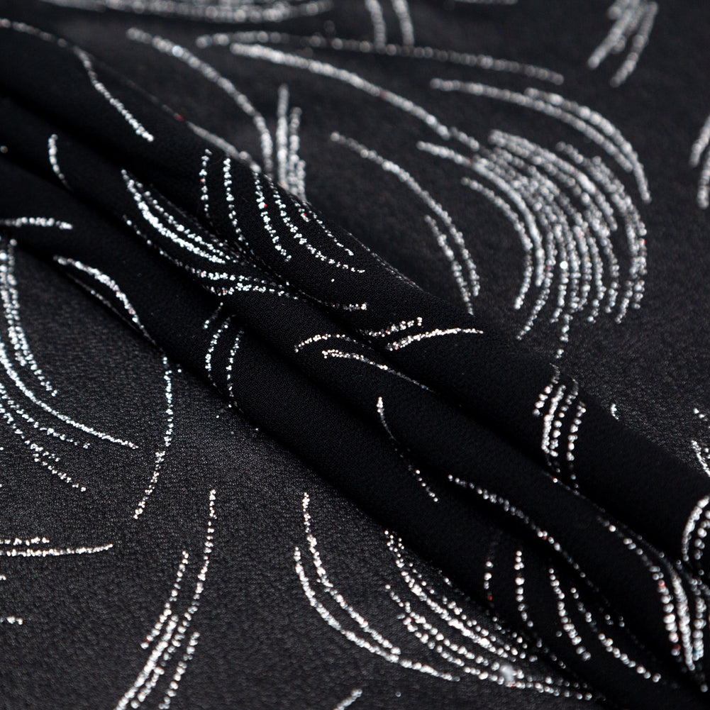 Black Polyester Georgette with Waves of Glitter Folded