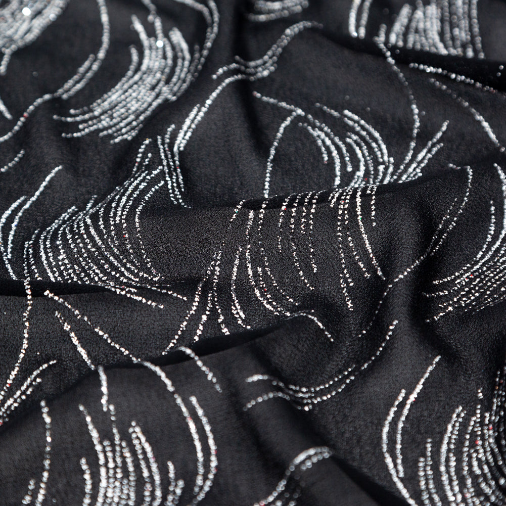 Black Polyester Georgette with Waves of Glitter Detail