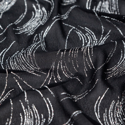 Black Polyester Georgette with Waves of Glitter Detail