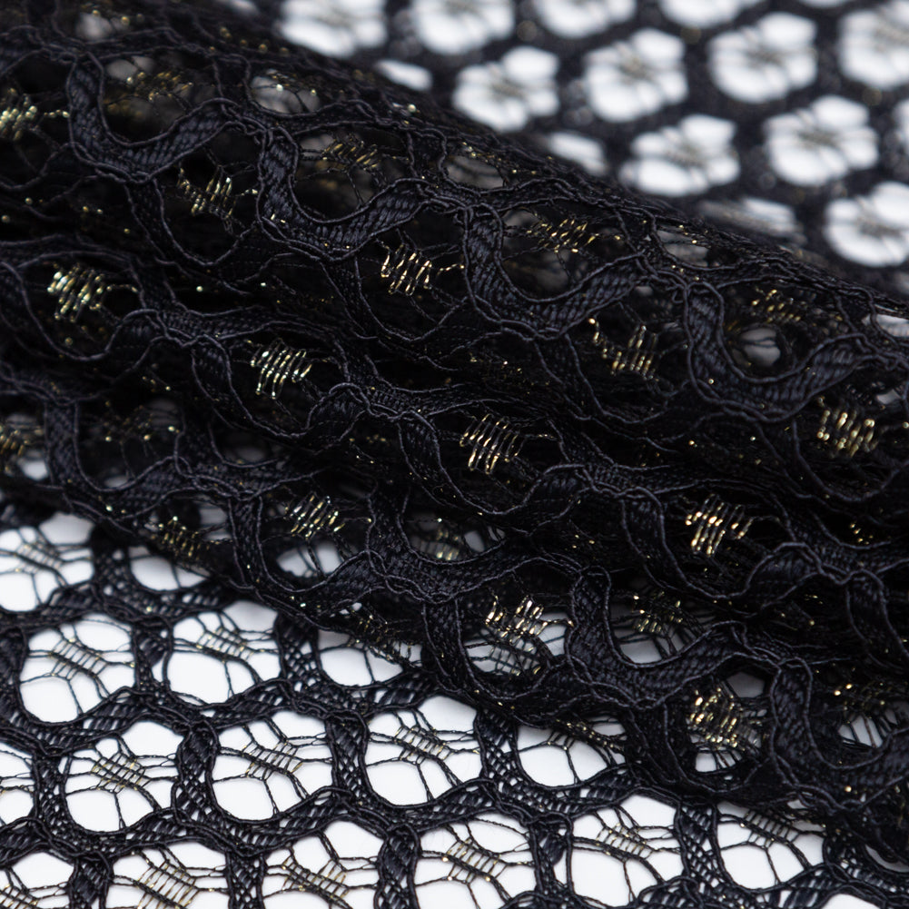 Stretch Corded Chantilly Lace - Metallic Gold and Black Geometric Folded