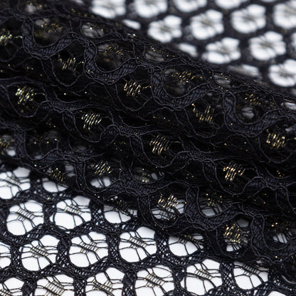 Stretch Corded Chantilly Lace - Metallic Gold and Black Geometric Folded