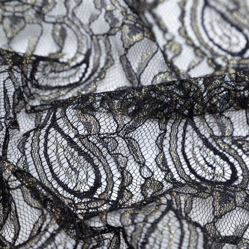 Stretch Corded Chantilly Lace - Metallic Gold and Black Paisley Detail