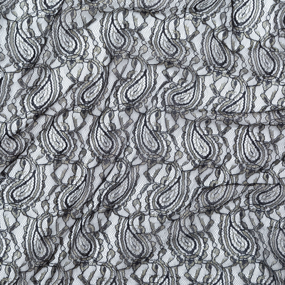 Stretch Corded Chantilly Lace - Metallic Gold and Black Paisley