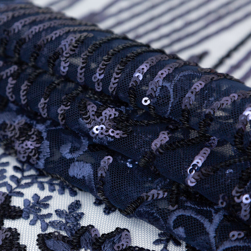 Navy Blue Floral Border Embroidered and Sequined Lace with Finished Edges Folded