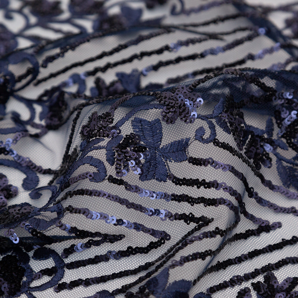 Navy Blue Floral Border Embroidered and Sequined Lace with Finished Edges Detail