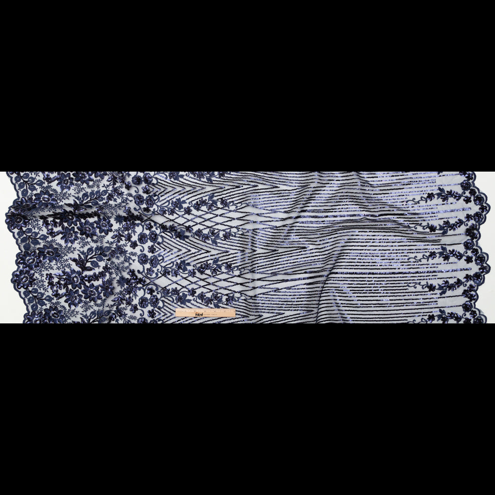 Navy Blue Floral Border Embroidered and Sequined Lace with Finished Edges Full